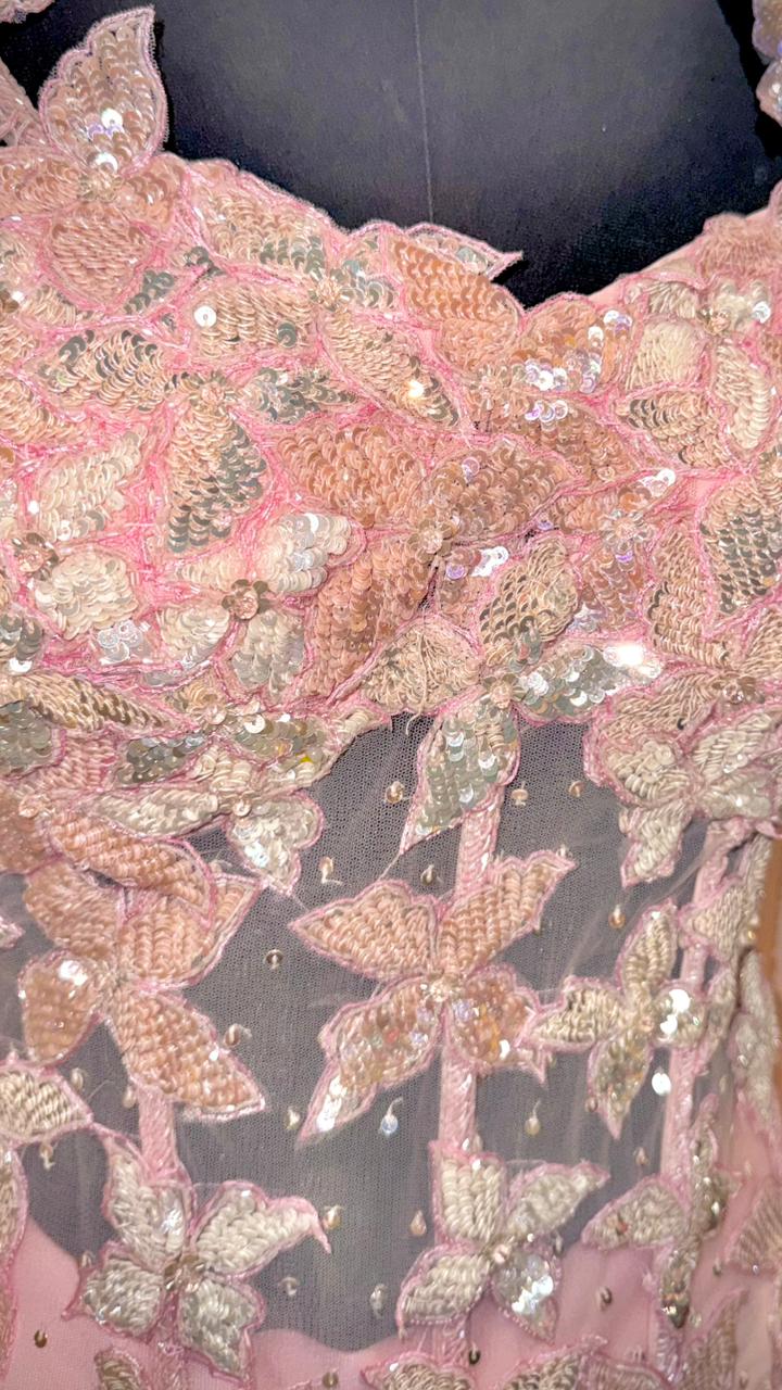 Designer Ombre Draped dhoti choli with 3D Floral Corset and Sheer Cape