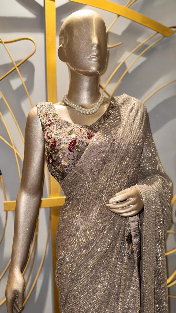 Designer Silver-Taupe Full Sequin Saree with Embroidered Floral Blouse and Tassel Detail