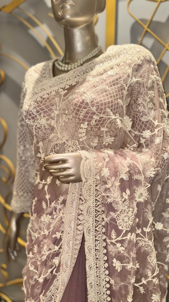 Designer Dusty Rose Net Saree with Intricate Ivory Floral Lace and Full-Sleeve Embroidered Blouse