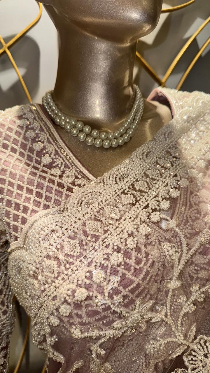 Designer Dusty Rose Net Saree with Intricate Ivory Floral Lace and Full-Sleeve Embroidered Blouse