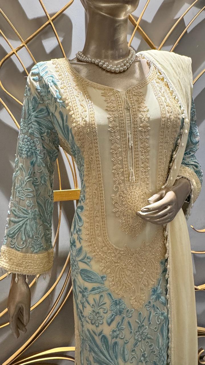 Premium Cream Georgette Suit with Sky Blue Floral Embroidery and Matching Palazzo