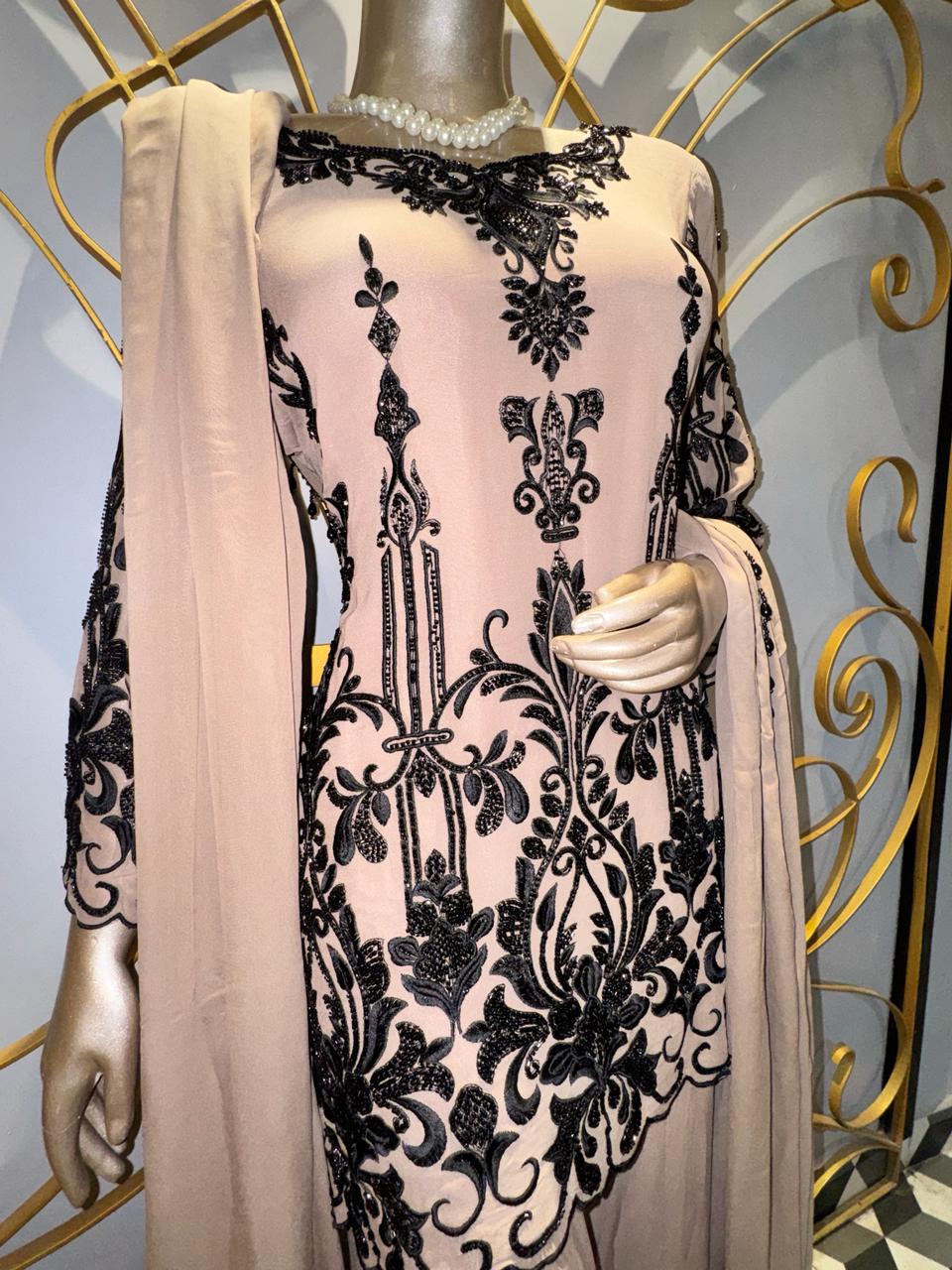 Premium Beige Indo-Western Set with Bold Black Resham Embroidery and Flared Trousers