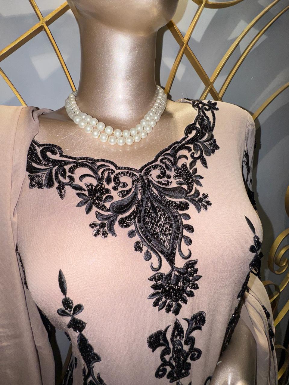 Premium Beige Indo-Western Set with Bold Black Resham Embroidery and Flared Trousers
