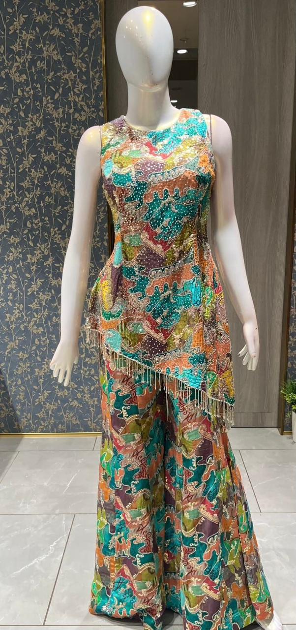 Designer Multicolor Abstract Print Indo-Western Set with Asymmetric Tunic and Crystal Fringes