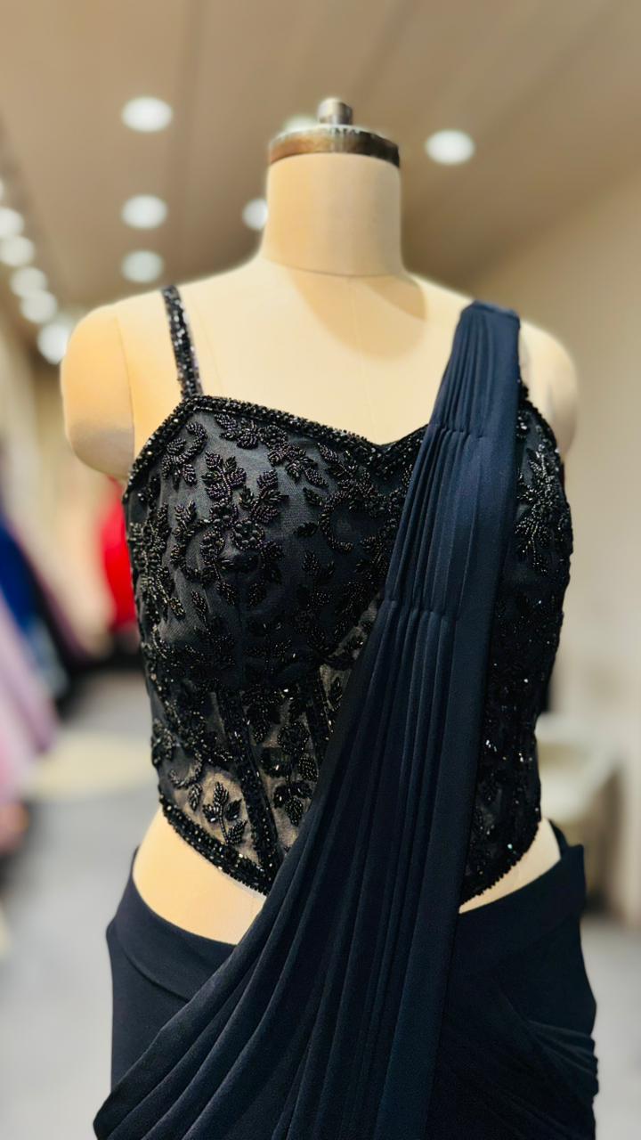 Designer Jet Black Pre-Draped Saree with Hand-Embroidered Corset Blouse