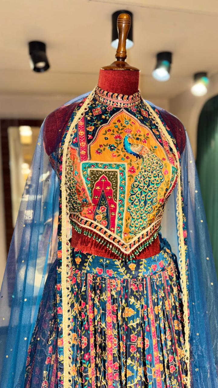 Vibrant Multicolor Lehenga with Pichwai Peacock Embroidery and Halter-Neck Blouse