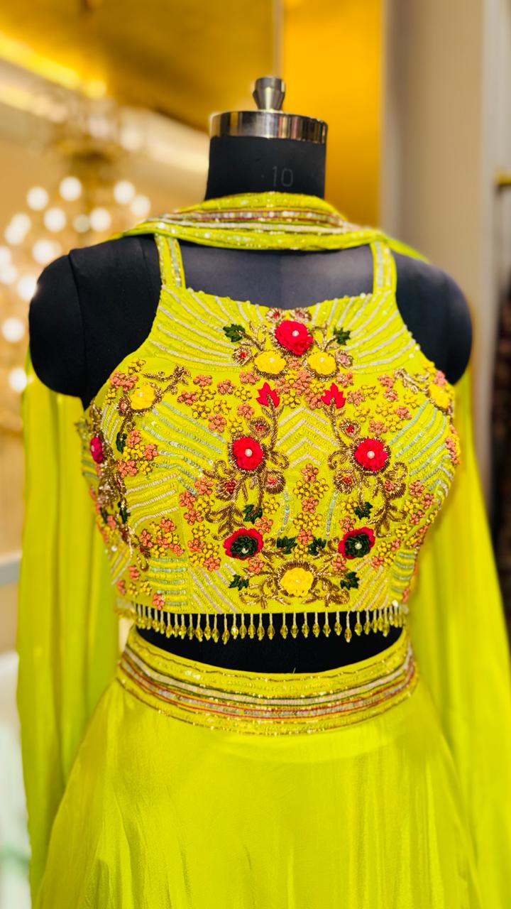 Vibrant Neon Lime Green Georgette Lehenga with 3D Floral Embroidered Crop-Top