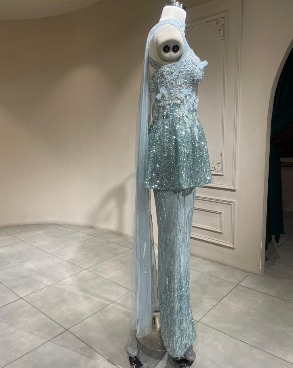 Luxury Ice Blue Cocktail Set with Heavy Sequin Peplum Tunic and Flared Trousers