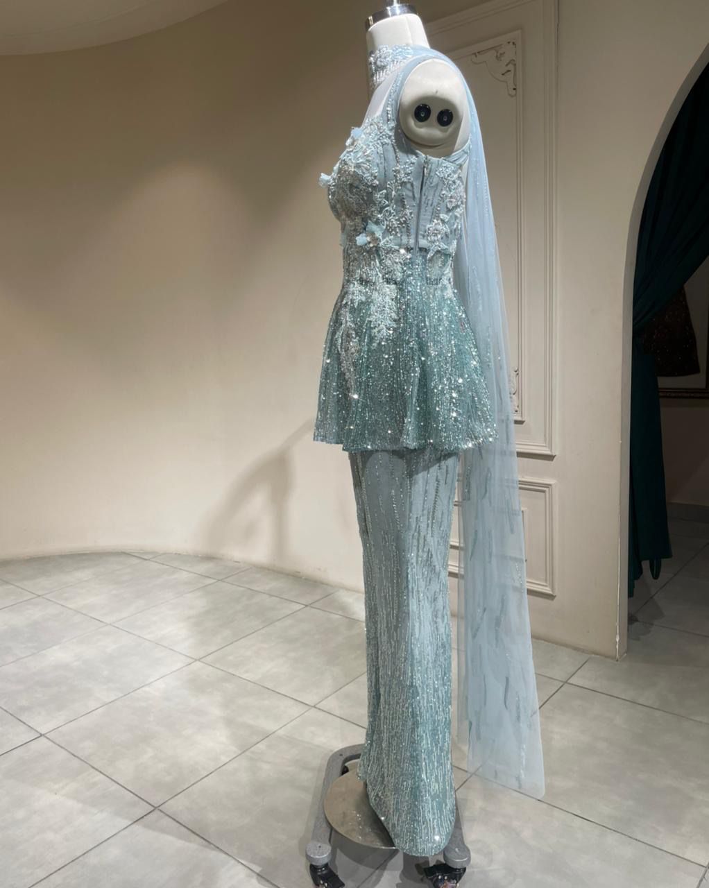 Luxury Ice Blue Cocktail Set with Heavy Sequin Peplum Tunic and Flared Trousers