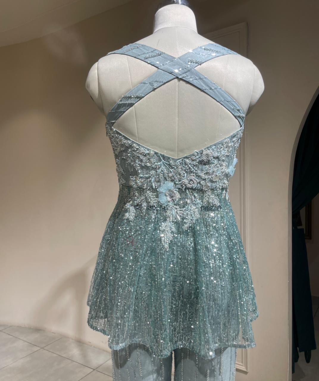 Luxury Ice Blue Cocktail Set with Heavy Sequin Peplum Tunic and Flared Trousers