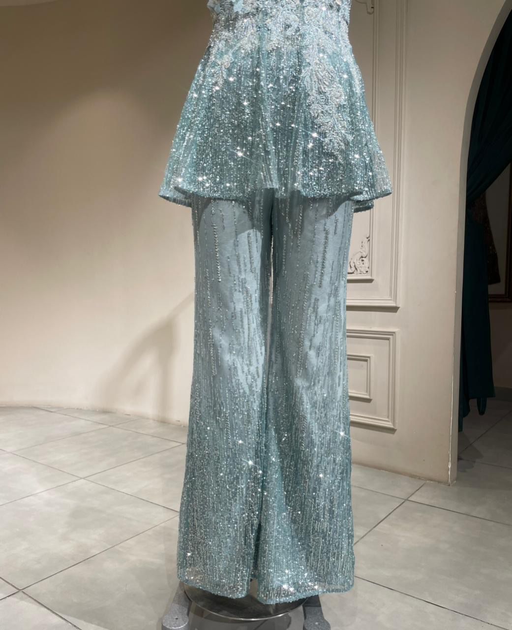 Luxury Ice Blue Cocktail Set with Heavy Sequin Peplum Tunic and Flared Trousers