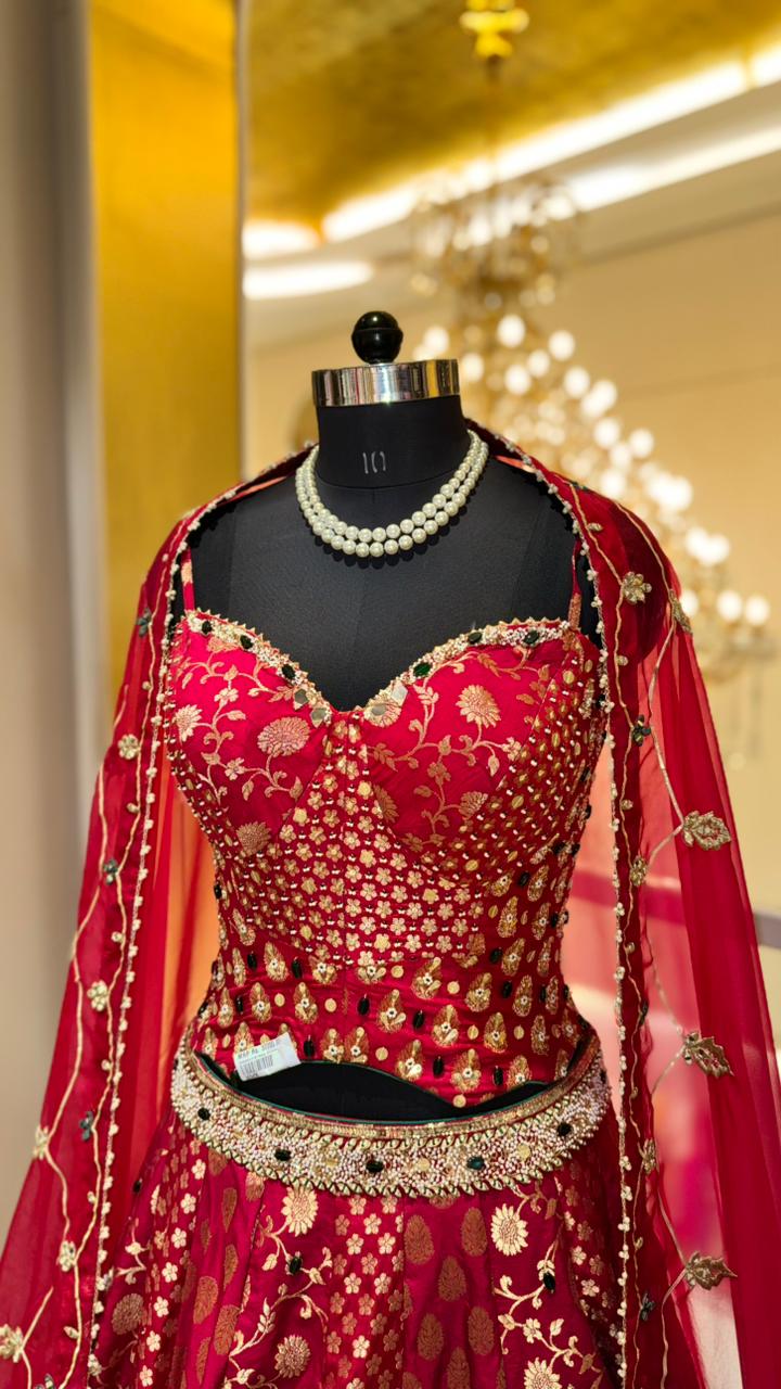 Lehenga with Mirror-Work Bustier and Sheer Dupatta