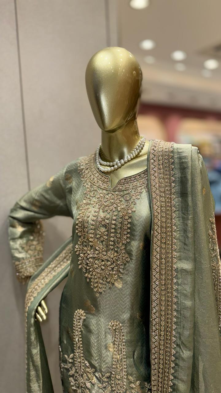 Premium Metallic Sage Green Silk Suit with Heavy Antique Gold Embroidery and Straight-Leg Trousers
