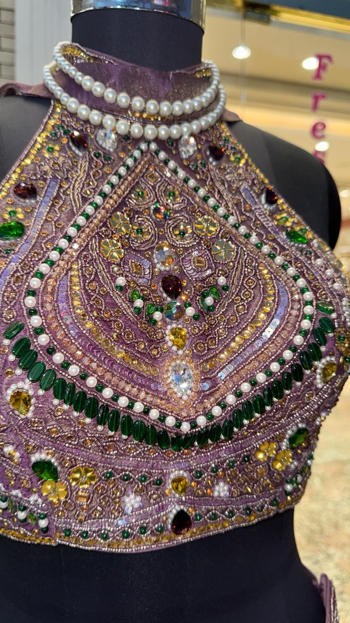 Luxury Orchid Purple Metallic Silk Lehenga with Heavily Embellished Halter Bustier