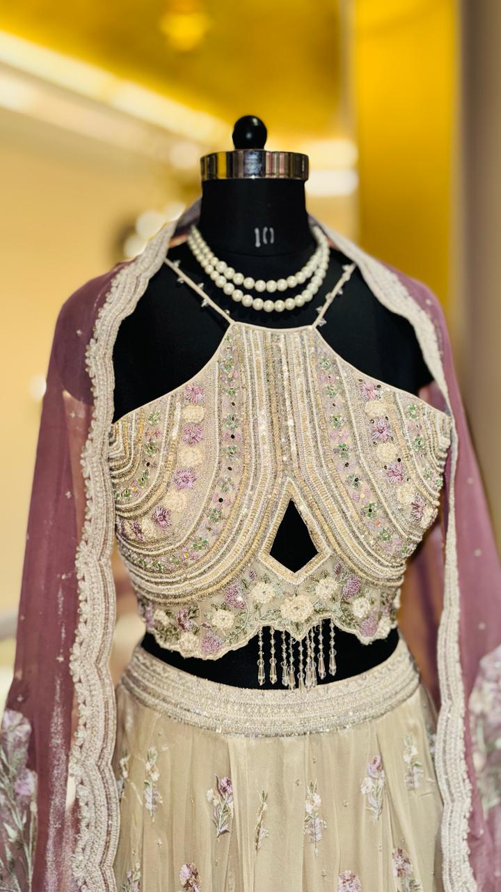 Premium Ivory Georgette Lehenga with Embroidered Keyhole Halter Bodice and Mauve Organza Dupatta