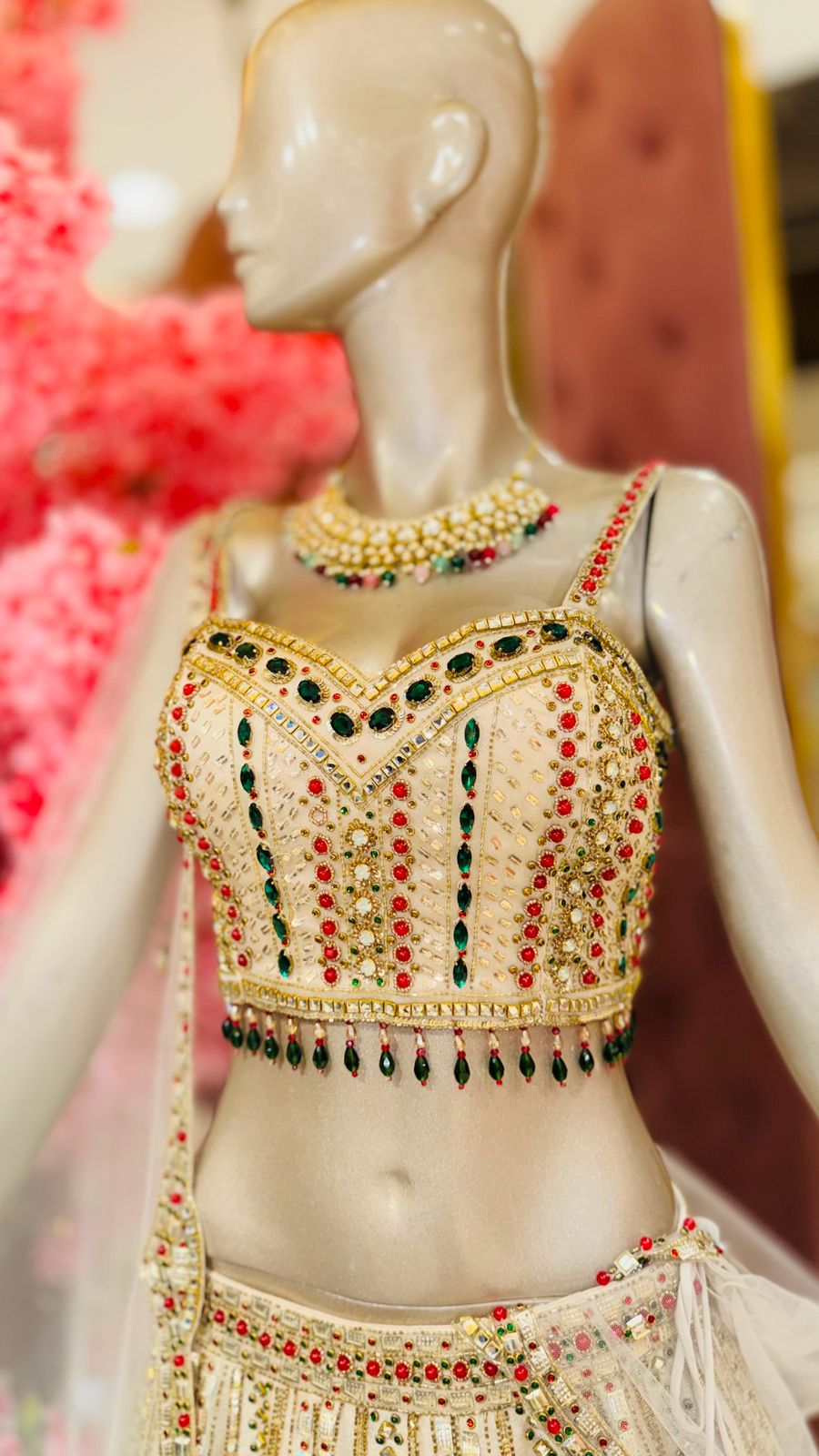 Premium Cream Silk Lehenga with Vertical Mirror-Work Panel Skirt and Jewel-Toned Bustier