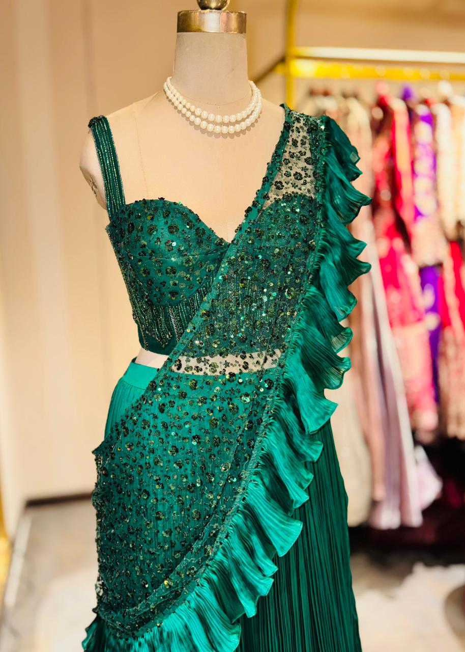 Designer Emerald Green Pre-Draped Saree Lehenga with Sequined Bustier and Accordion Pleats