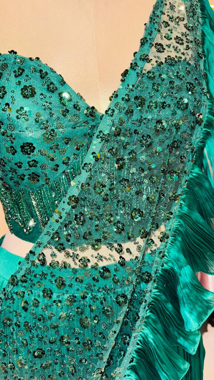 Designer Emerald Green Pre-Draped Saree Lehenga with Sequined Bustier and Accordion Pleats