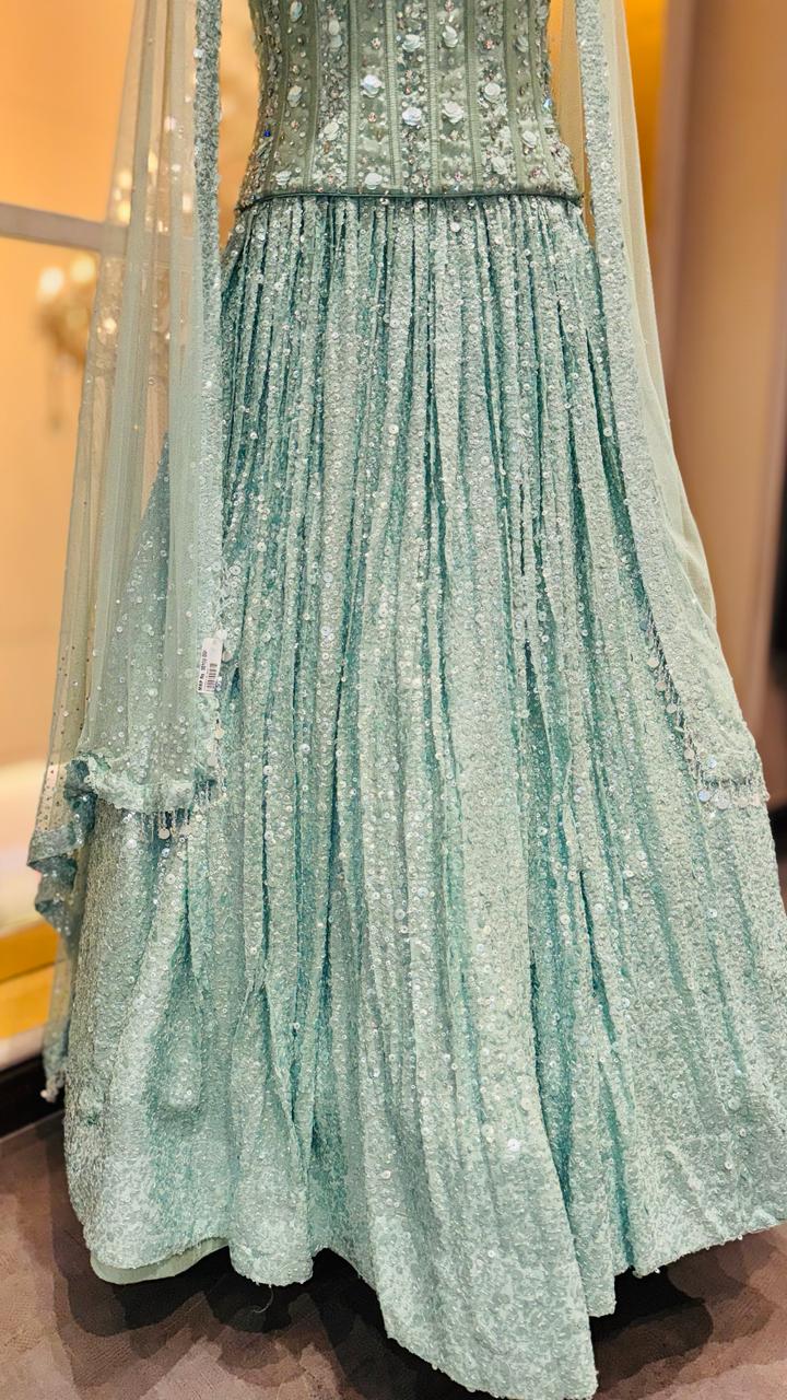 Seafoam Green Corset Lehenga with Heavy Vertical Sequin Paneling and Sheer Cape Dupatta