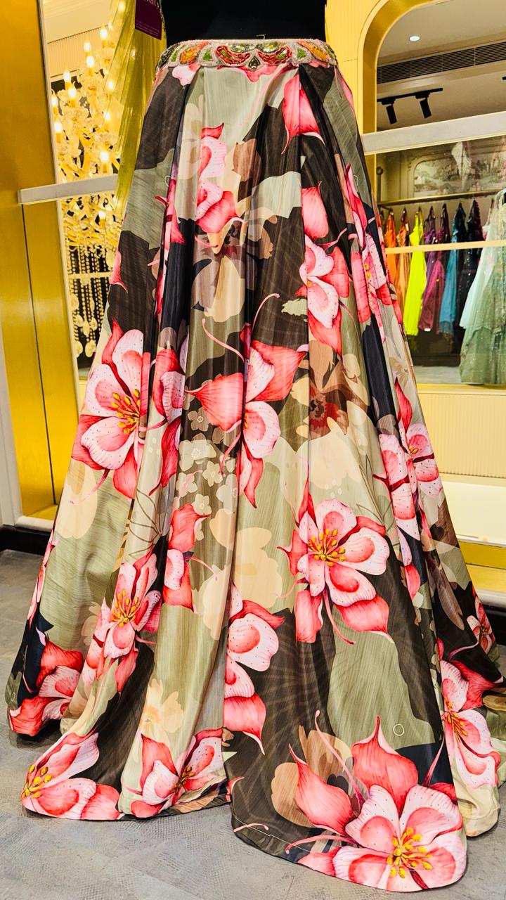 Designer Tropical Floral Print Lehenga with Embroidered Cut-Out Halter Choli