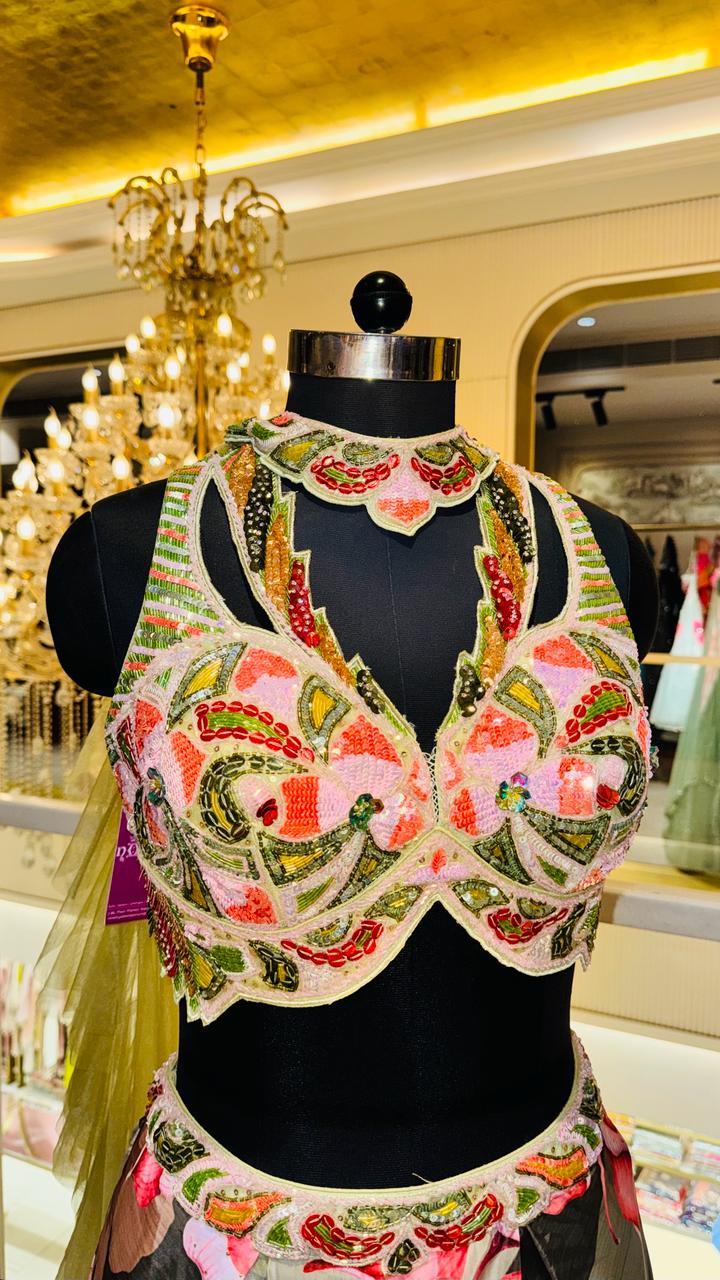 Designer Tropical Floral Print Lehenga with Embroidered Cut-Out Halter Choli