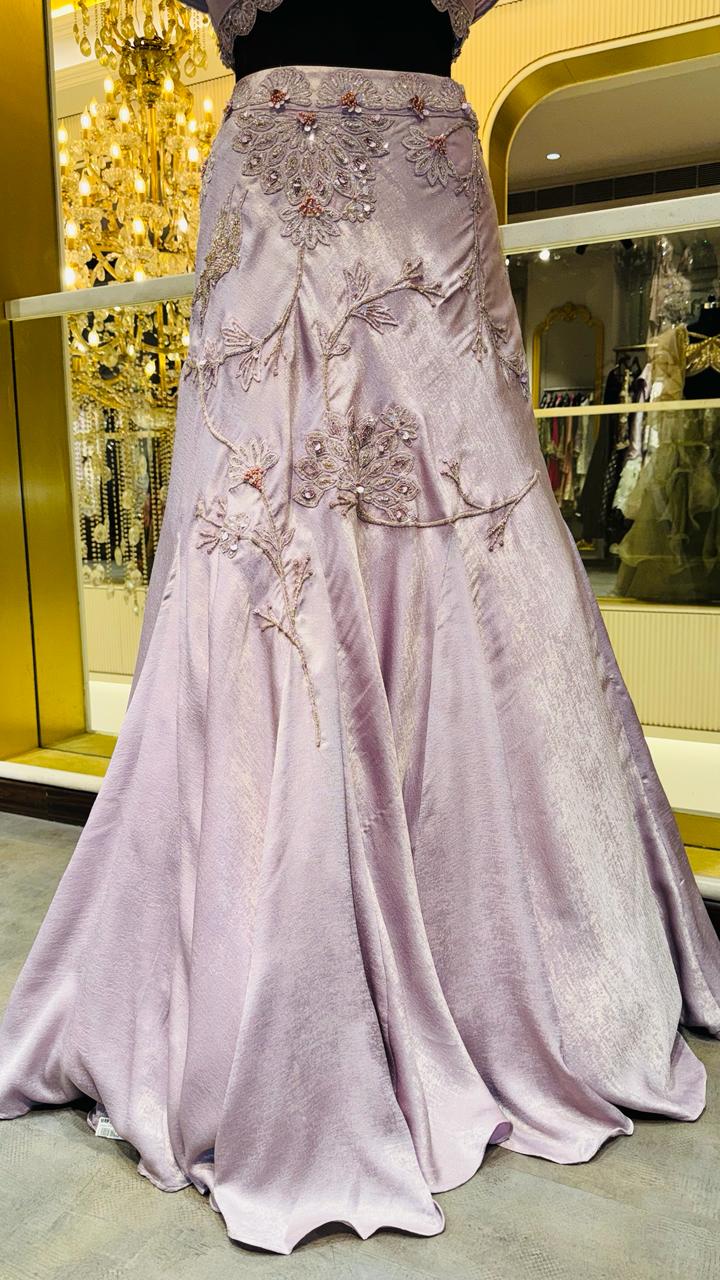 Designer Lilac Metallic Silk Lehenga with Architectural Pleated Wing Blouse and Delicate Floral Zardozi