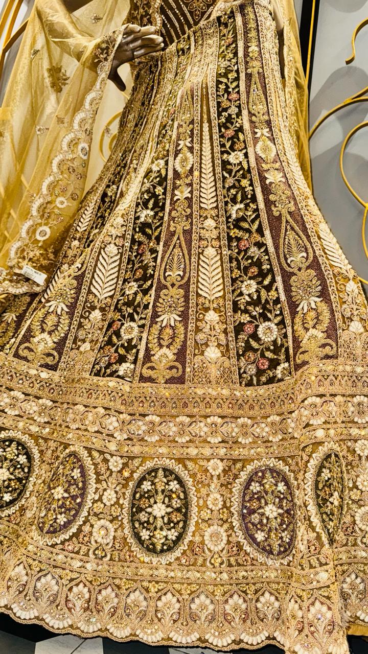 Premium Antique Gold & Bronze Unstitched Lehenga Set with Heavy Zardozi Kalis and Ornate Traditional Borders