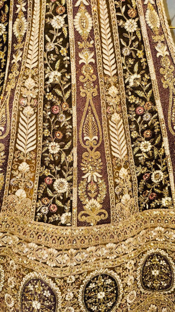 Premium Antique Gold & Bronze Unstitched Lehenga Set with Heavy Zardozi Kalis and Ornate Traditional Borders