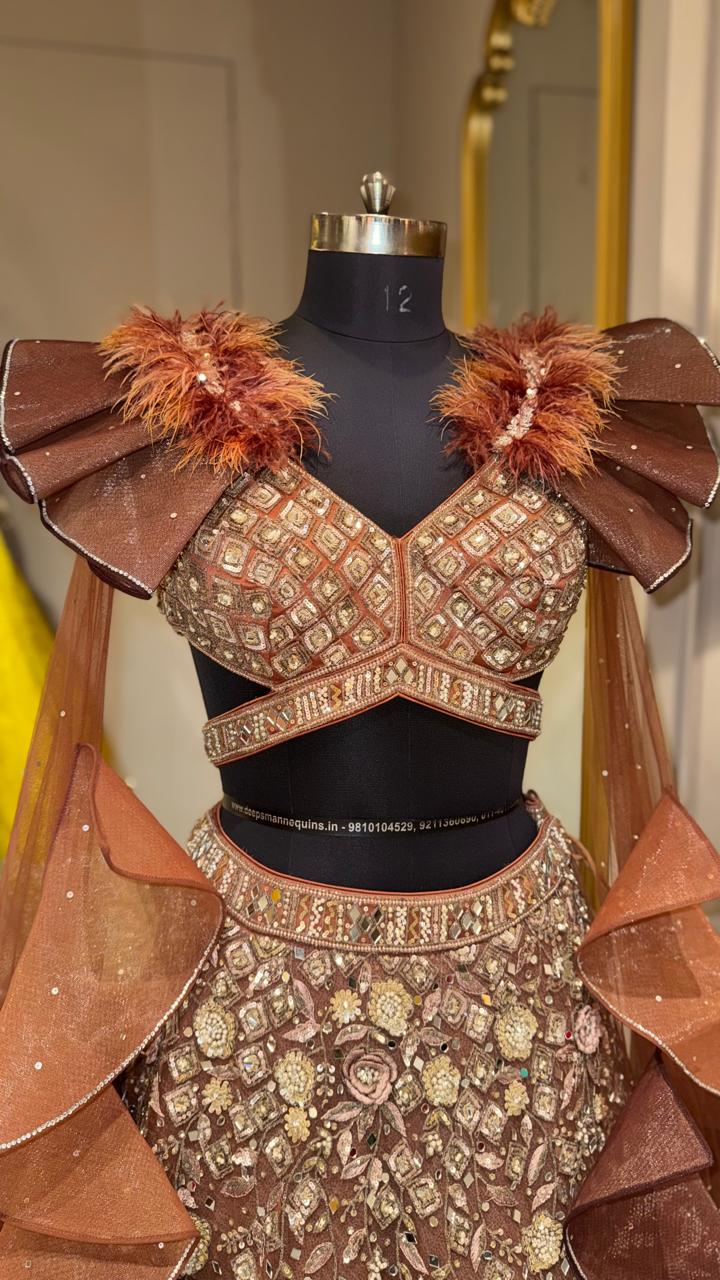 Luxury Copper Brown Designer Embroidered Lehenga Set with Statement Ruffle Cape