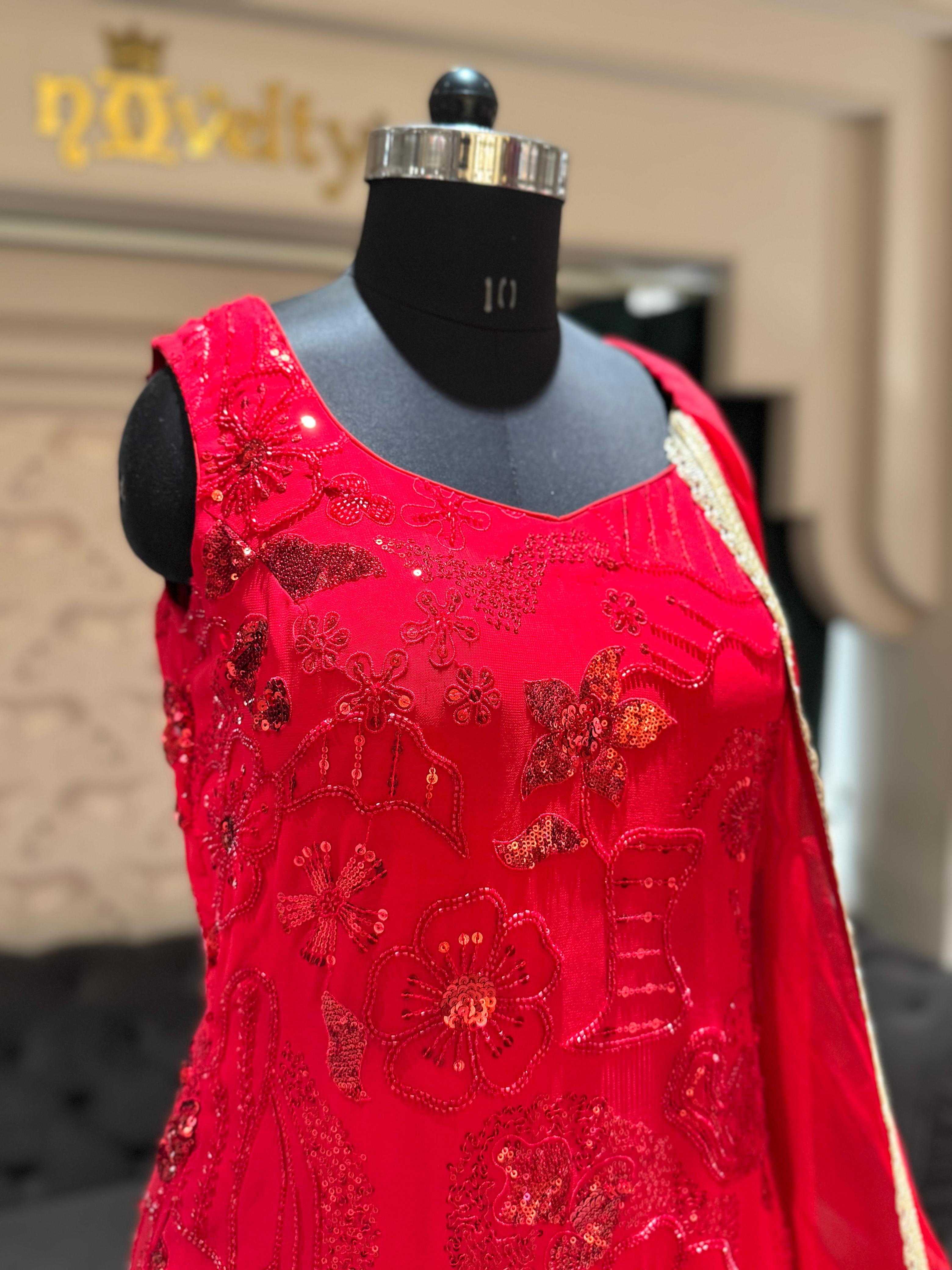 Radiant Scarlet Red Sharara Set – Heavily Embellished Kurti with Scalloped Borders