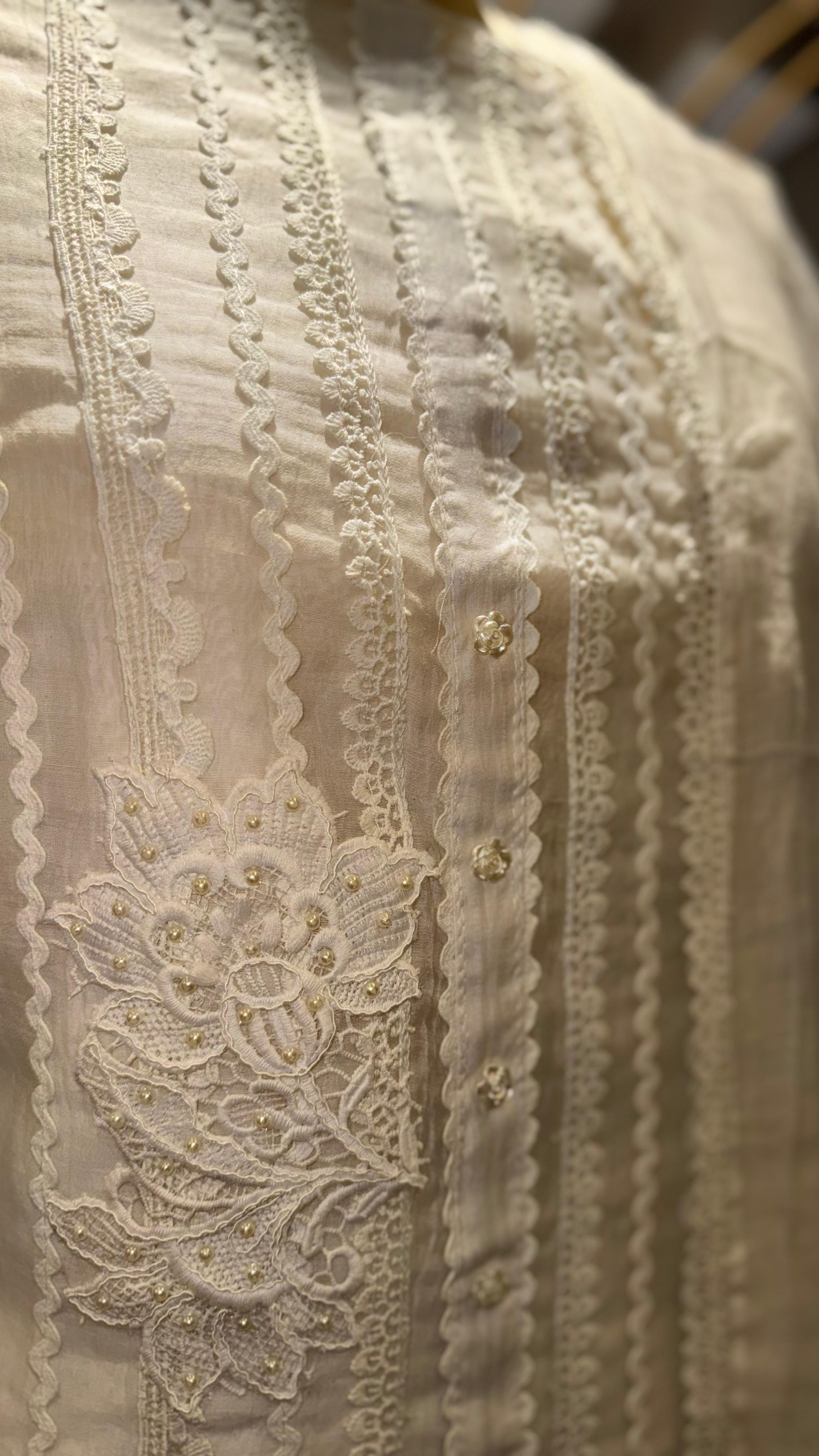 Premium Off-White Mul Cotton Unstitched Suit with Intricate Cut-work Lace and Floral Embroidery