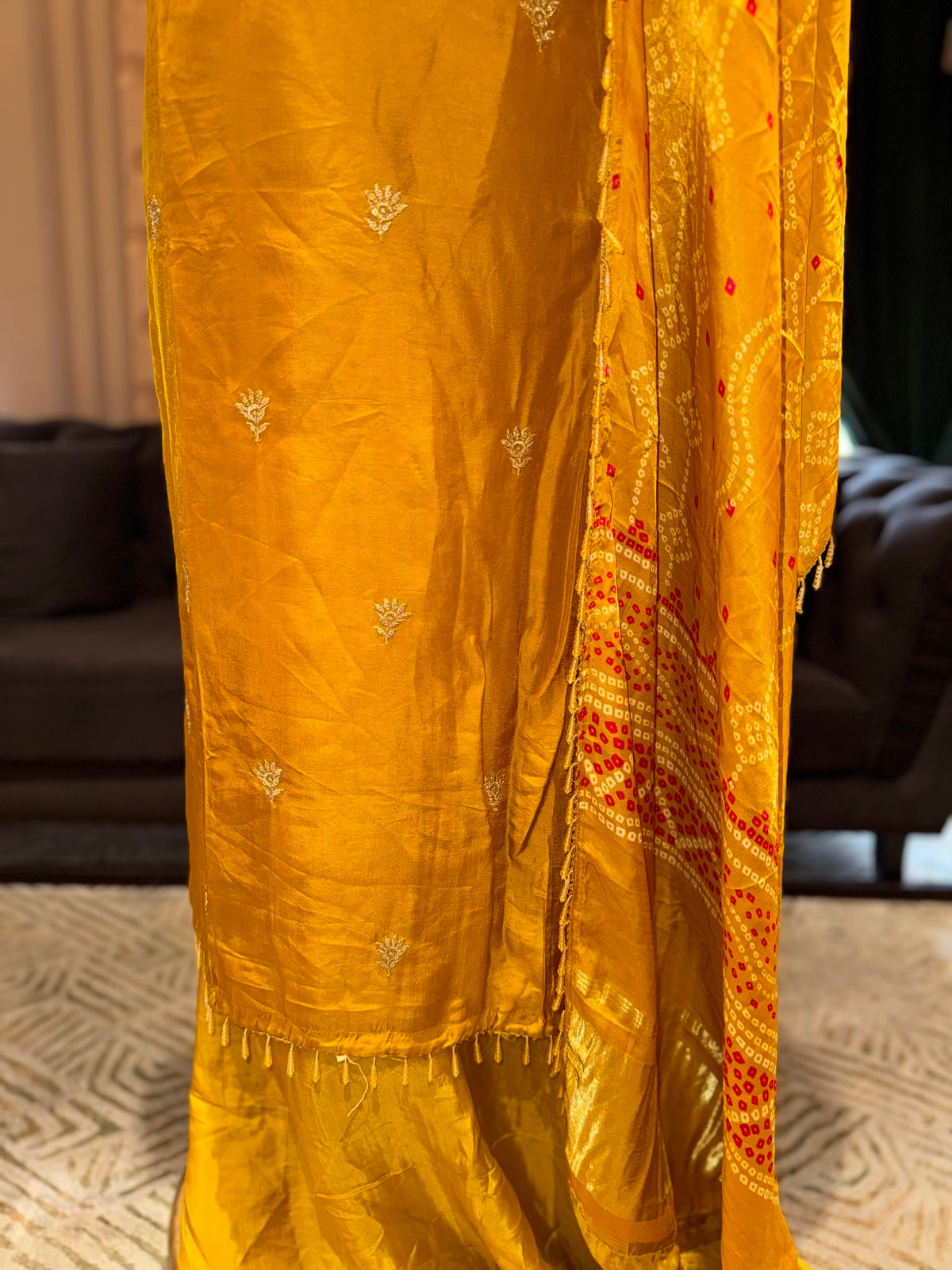 Mustard Yellow Unstitched Silk Suit Set with Pink Threadwork Yoke & Bandhani Printed Dupatta