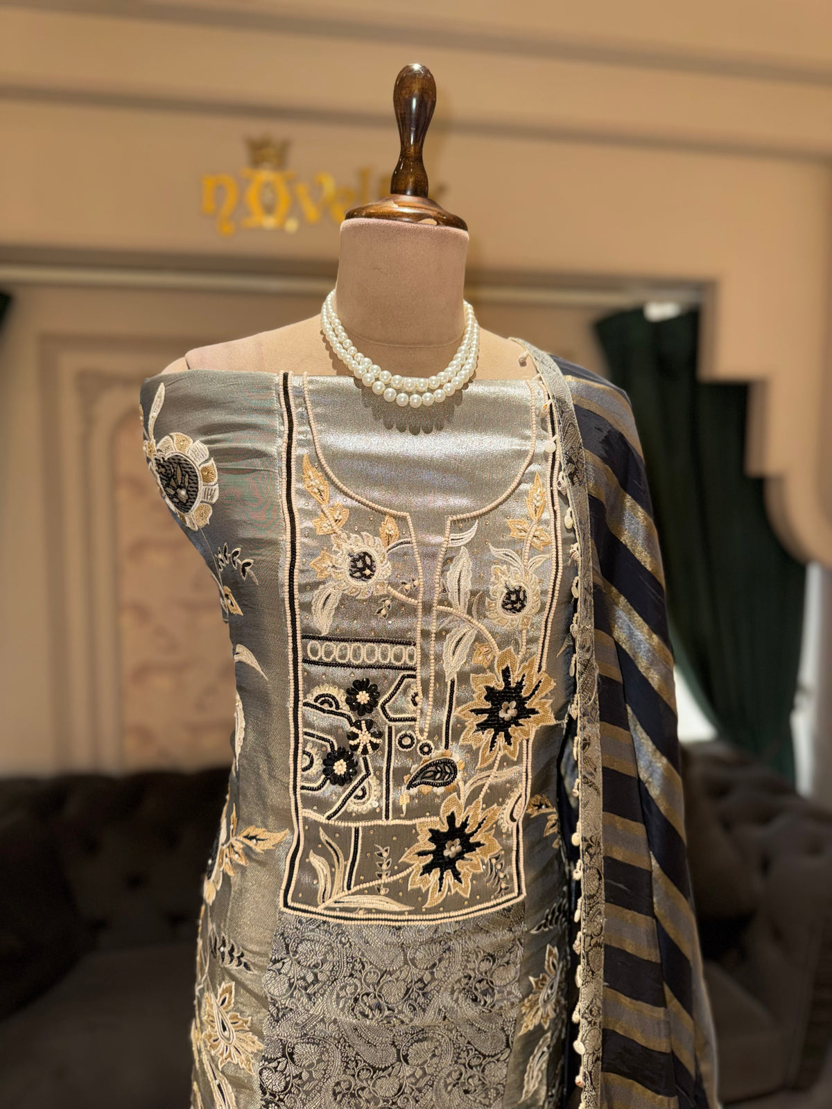 Grey & Black Embroidered Unstitched Suit