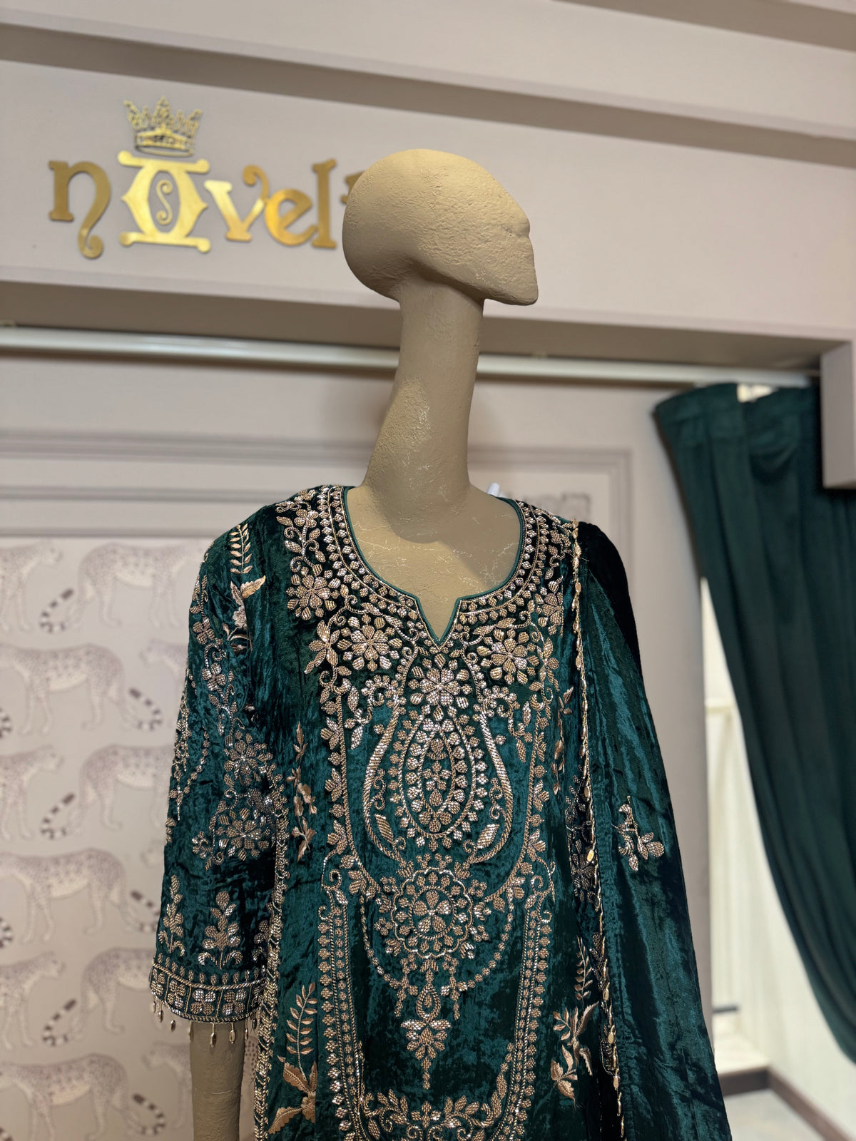 Elegant Teal Velvet Embroidered Suit