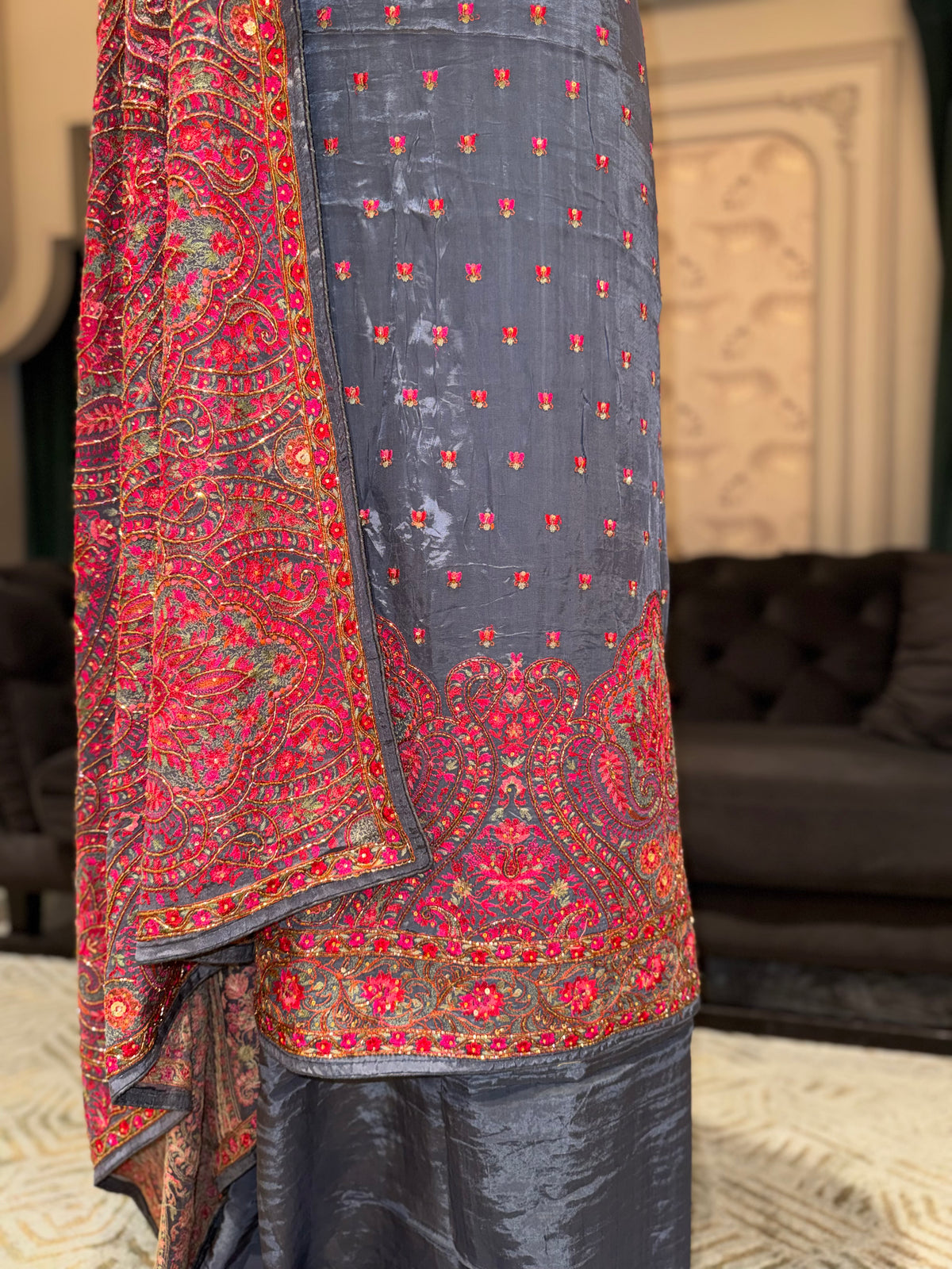 Grey Embroidered Unstitched Suit with Pink Heavy Embroidered Dupatta