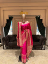 Rani Pink Banarasi Bandhani Silk Saree with Heavy Zardozi Border & Geometric Lattice Jaal