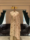 Champagne Gold Unstitched Silk Suit Set with Leaf Embroidery and Scalloped Dupatta