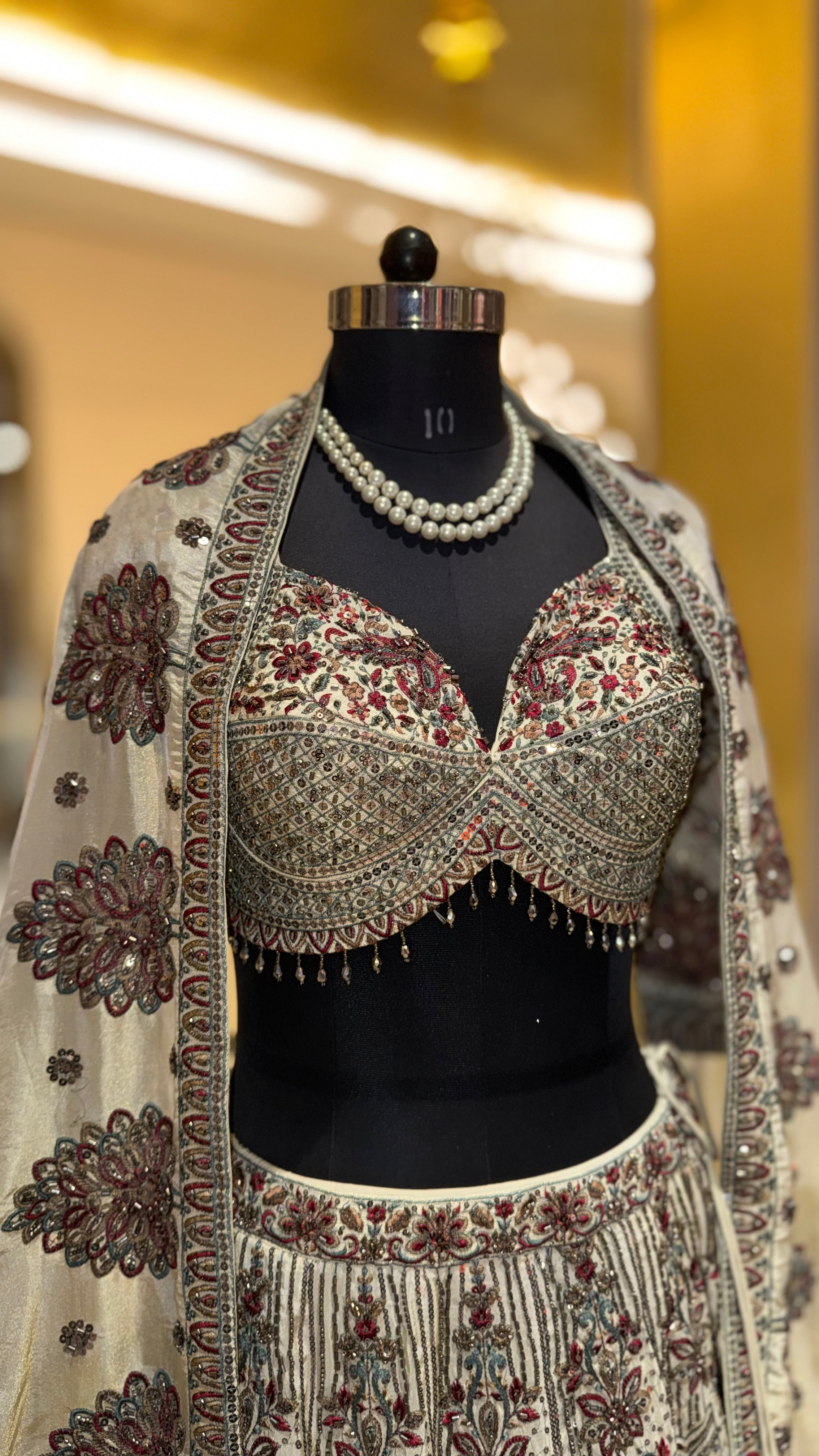 Luxury Ivory Designer Embroidered Lehenga Set with Handcrafted Blouse & Embellished Dupatta