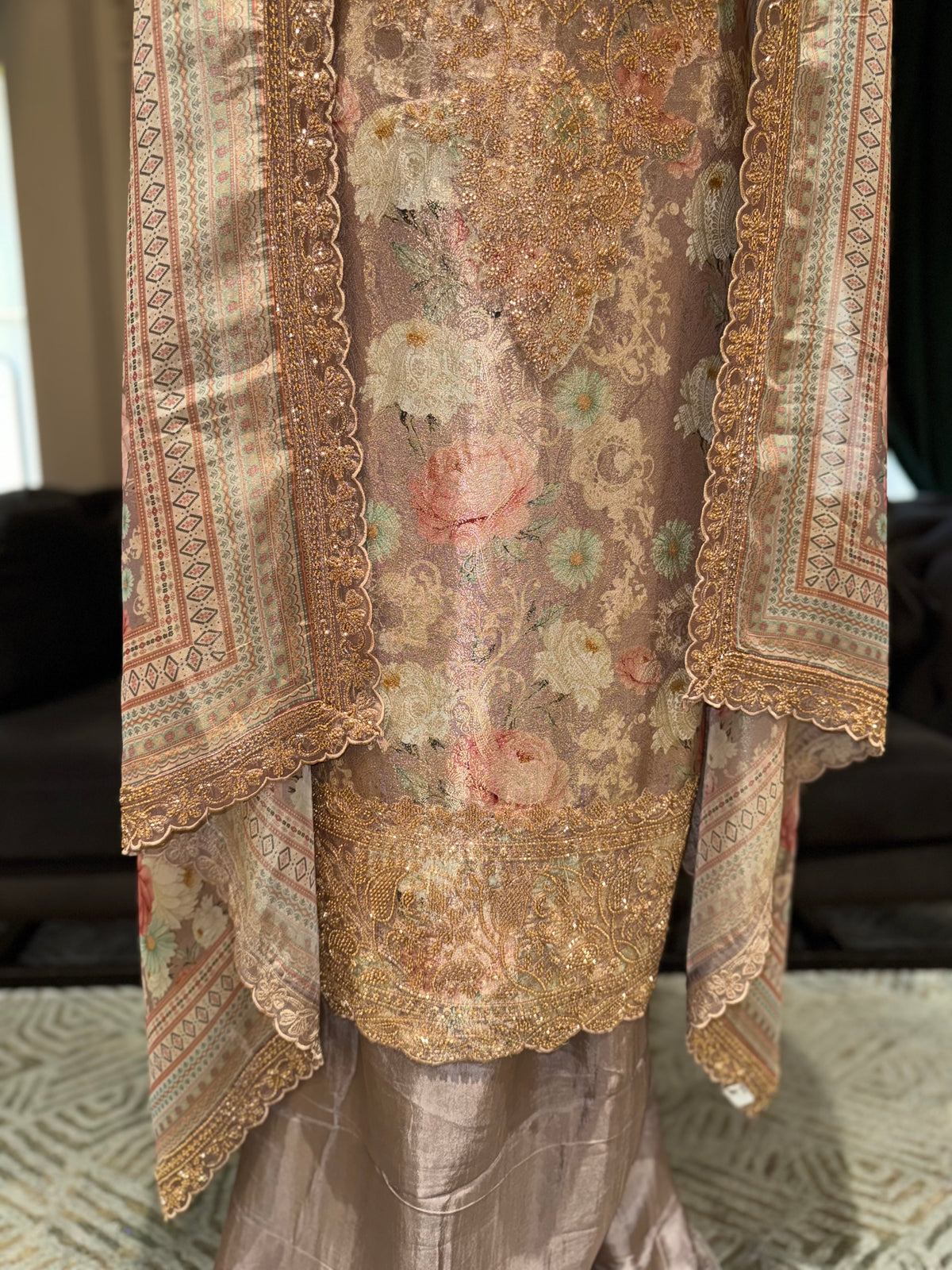 Premium Peach Floral Embroidered unstitched Suit Set with Designer Dupatta