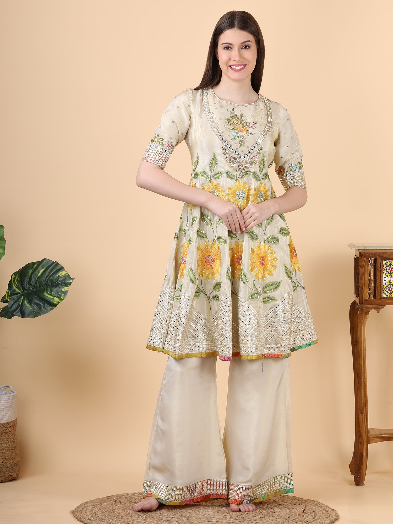 FABRIC-orgenza                            EMBROIDERY-mirror,sequence,thread                         DESIGN PATTERN-peplum style                                       WITH-dupatta