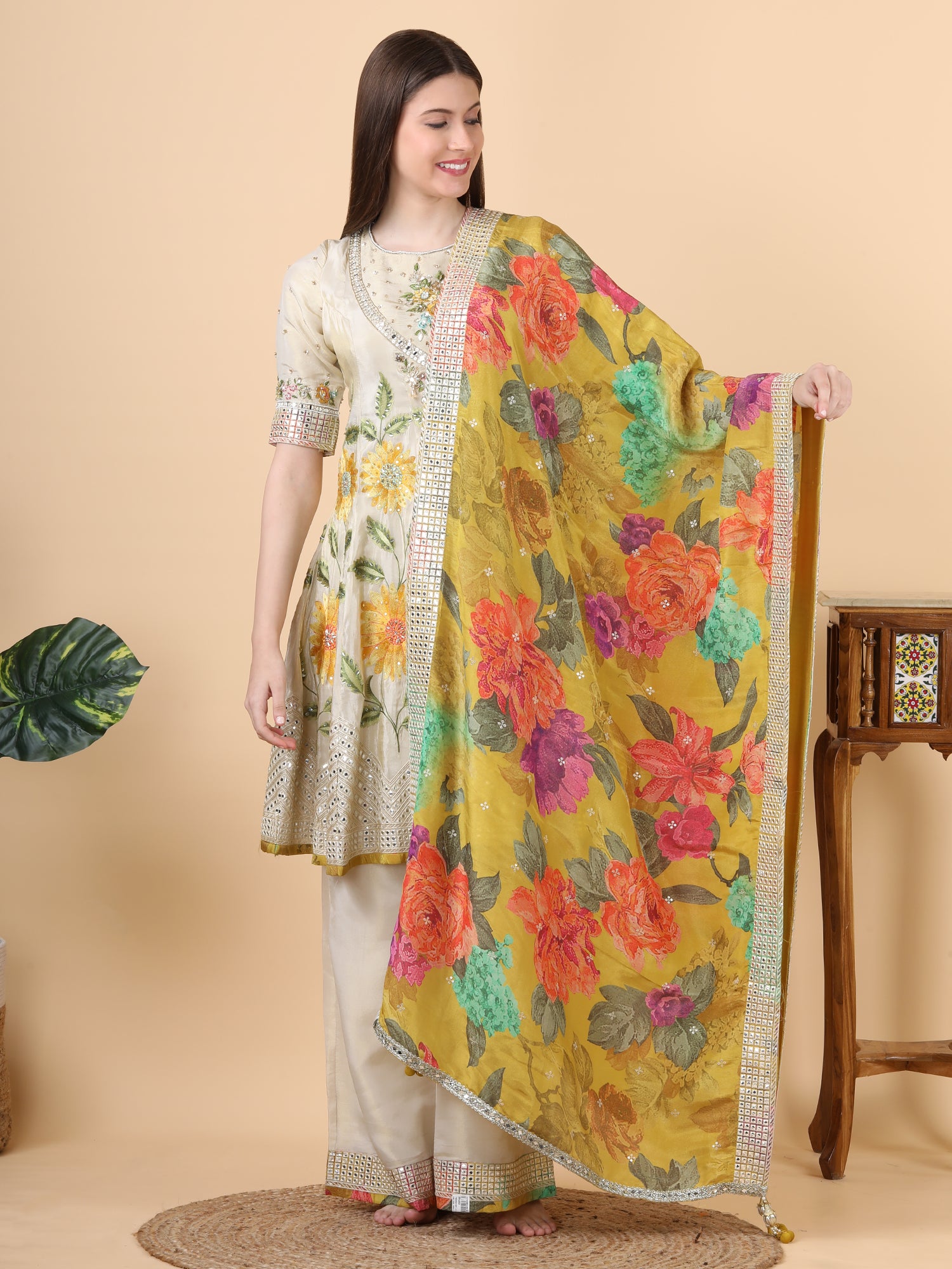 FABRIC-orgenza                            EMBROIDERY-mirror,sequence,thread                         DESIGN PATTERN-peplum style                                       WITH-dupatta