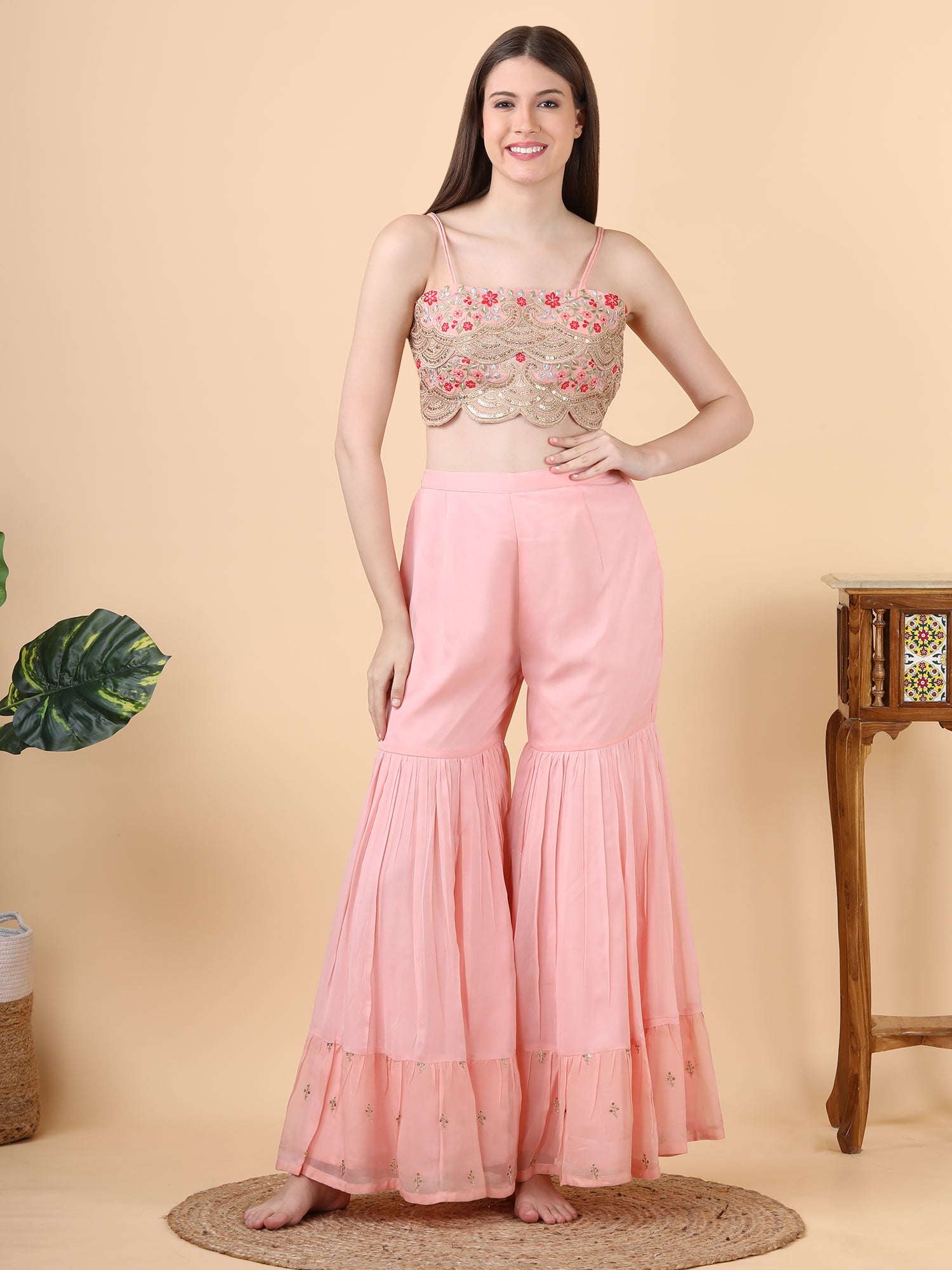 FABRIC-  orgenza                          EMBROIDERY-thread,sequence,wire                         DESIGN PATTERN-3 piece                      WITH-sharara jacket