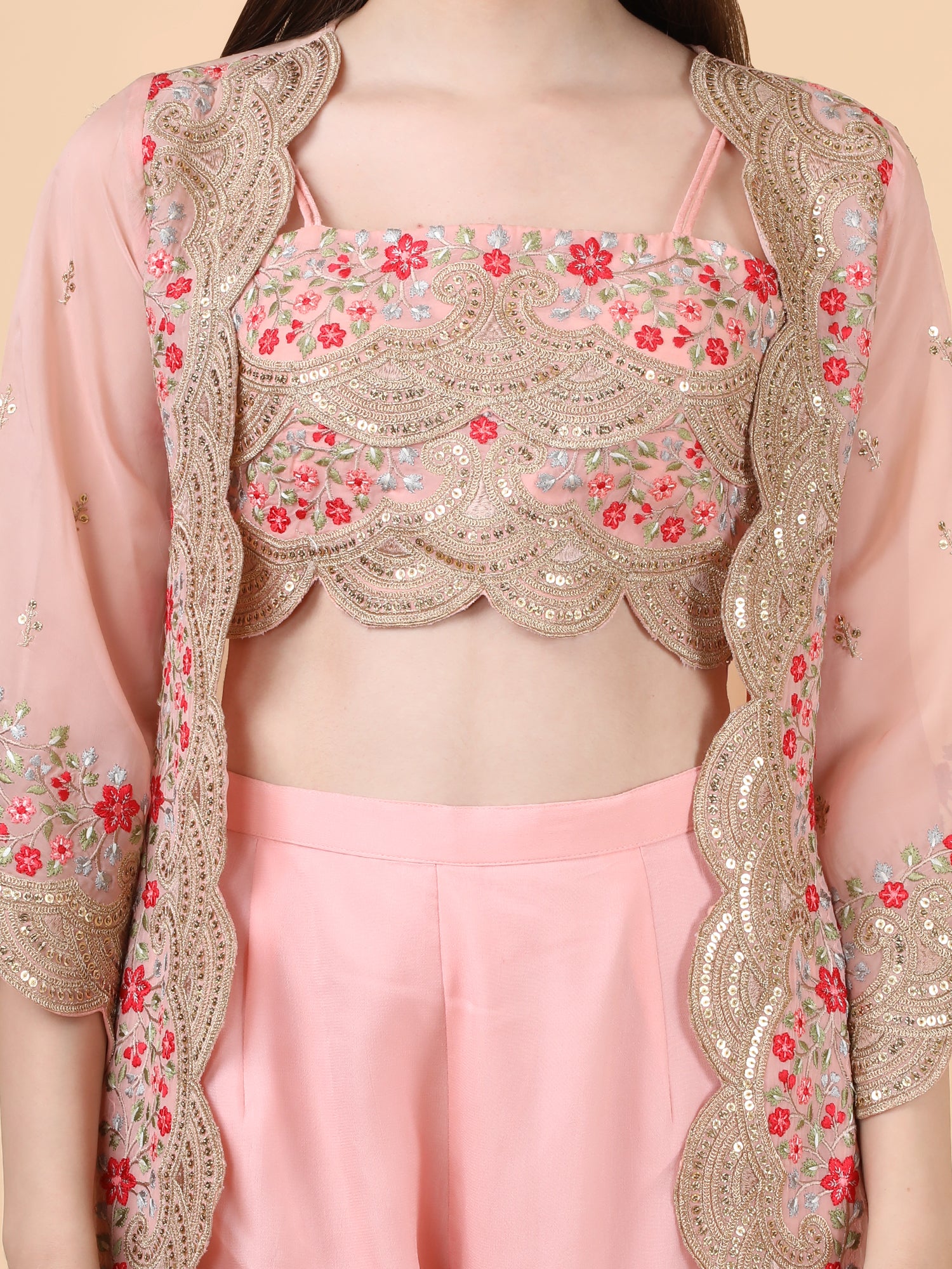 FABRIC-  orgenza                          EMBROIDERY-thread,sequence,wire                         DESIGN PATTERN-3 piece                      WITH-sharara jacket