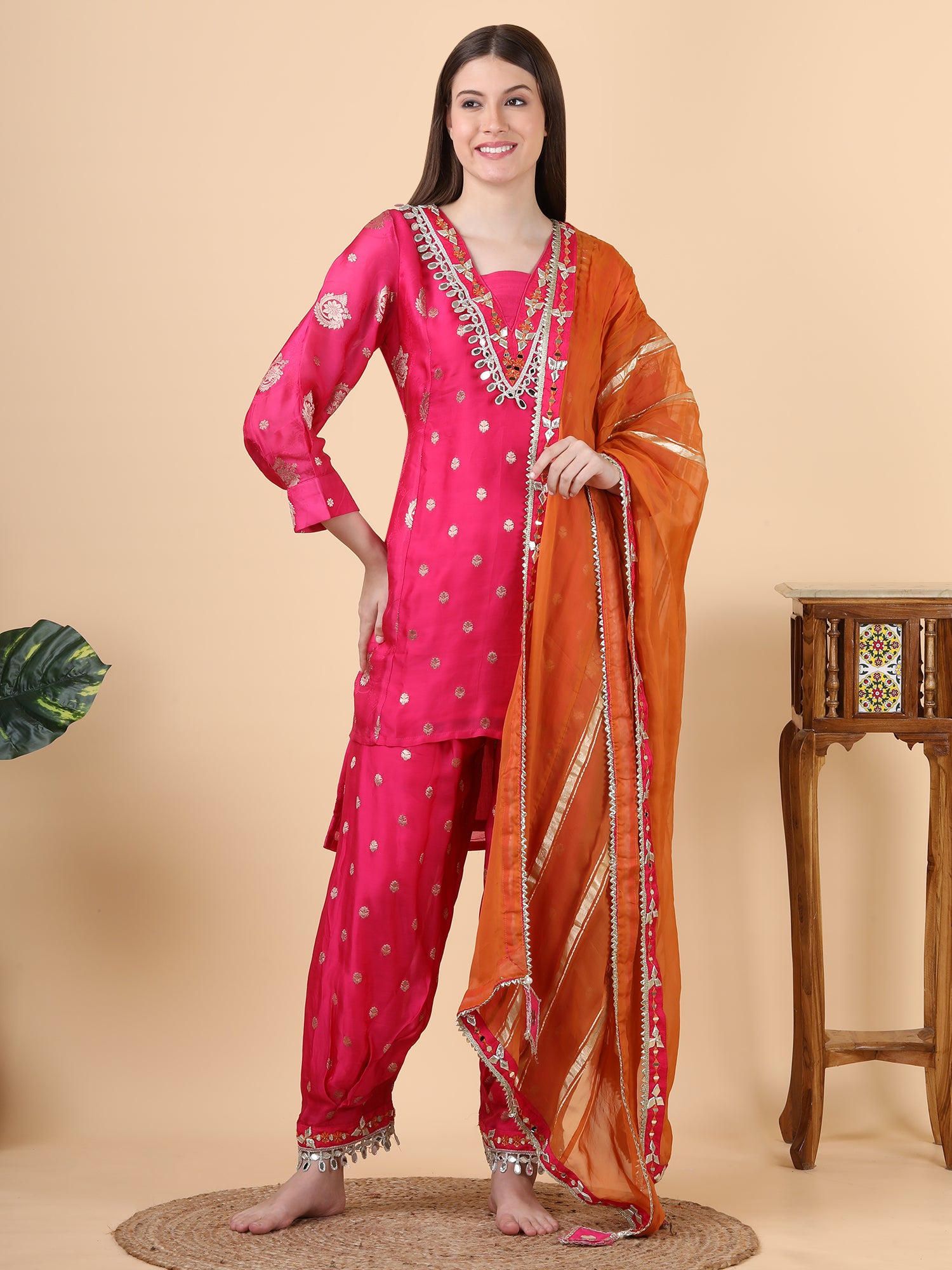 FABRIC- silk                          EMBROIDERY- mirror                        DESIGN PATTERN- salwaar pants suit                             WITH-dupatta