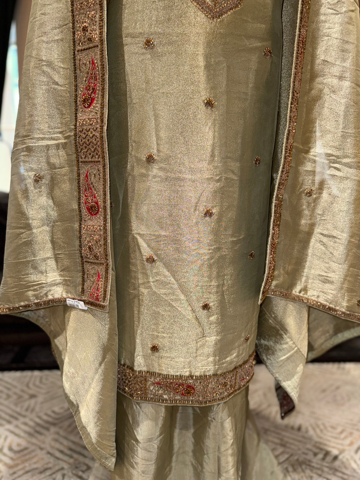 Mint Green Unstitched Silk Suit Set with Ornate Rust Paisley Zardozi Yoke & Border Dupatta