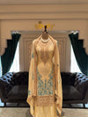 Pastel Yellow Unstitched Silk Suit Set with Sea-Green Floral Embroidery and Zardozi Borders