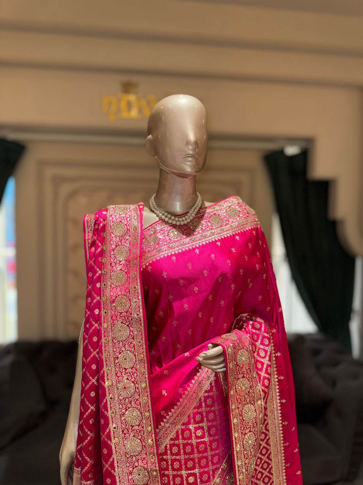 Rani Pink Banarasi Bandhani Silk Saree with Heavy Zardozi Border & Geometric Lattice Jaal