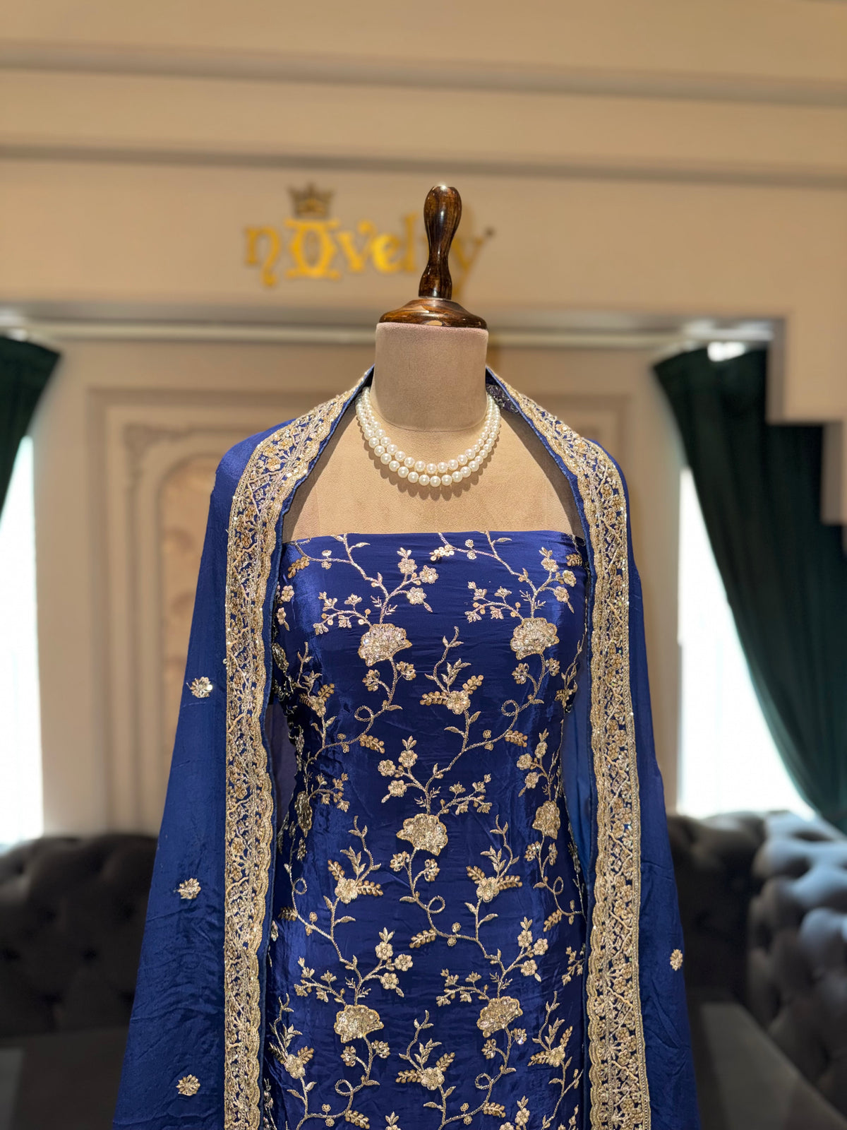 Royal Blue Unstitched Silk Suit Set with Floral Zari Jaal and Scalloped Dupatta
