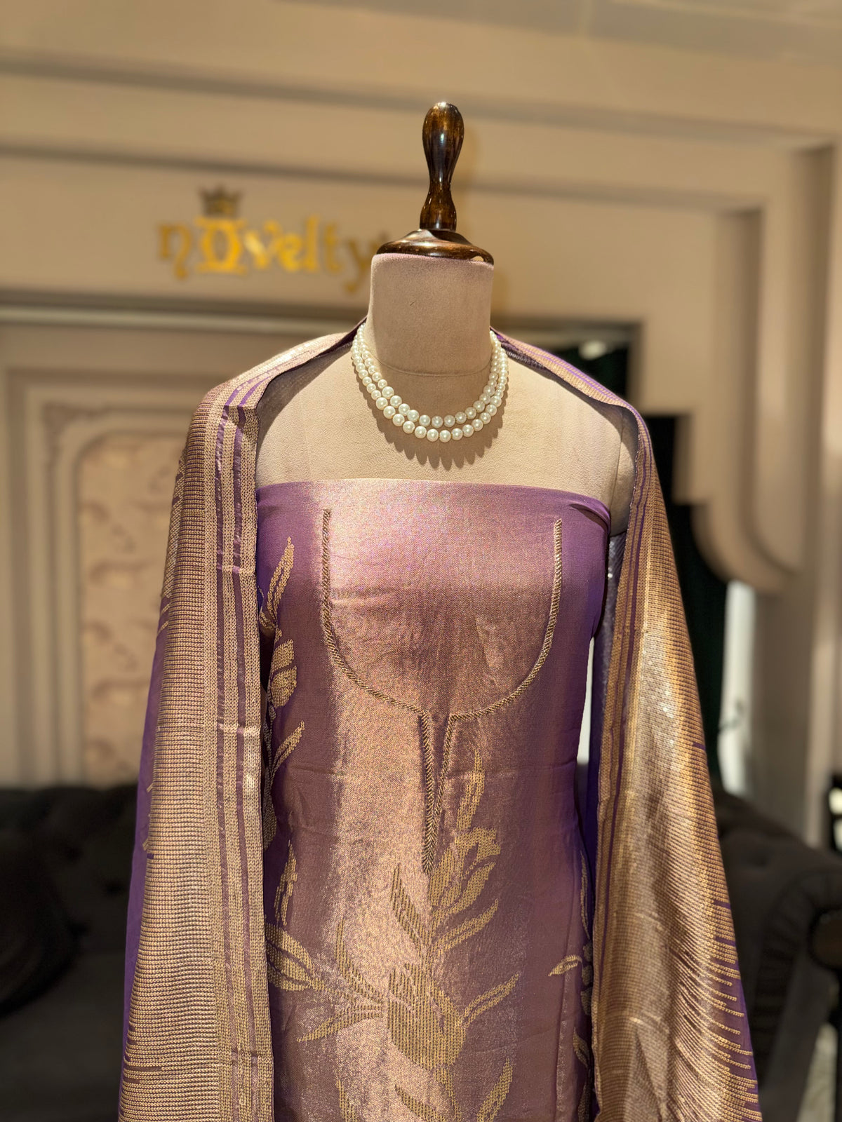 Mauve Purple & Gold Floral Jacquard Unstitched Suit with Dupatta
