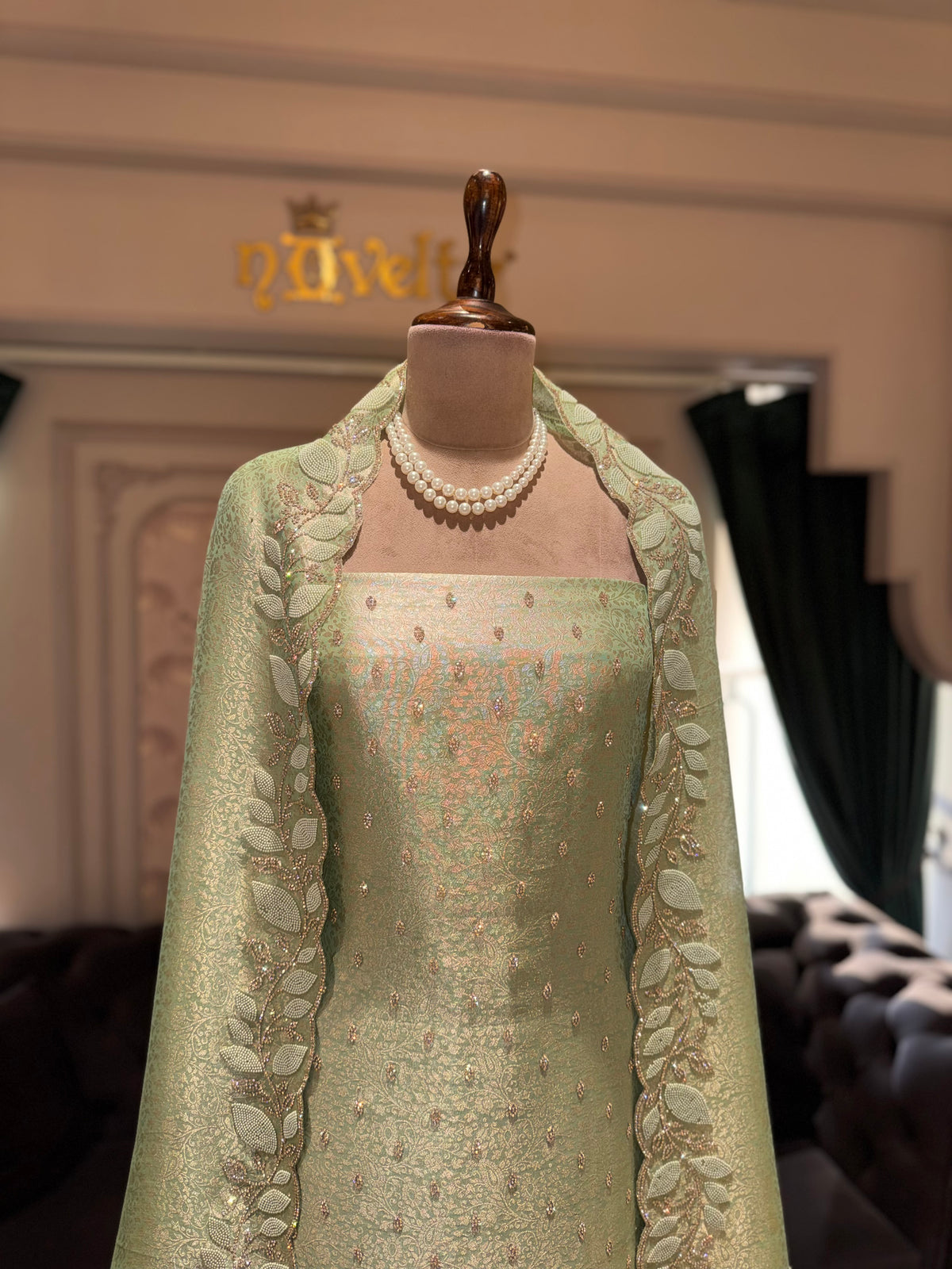 Sage Green Unstitched Silk Suit Set with Leaf Cutwork Border and Embroidered Dupatta